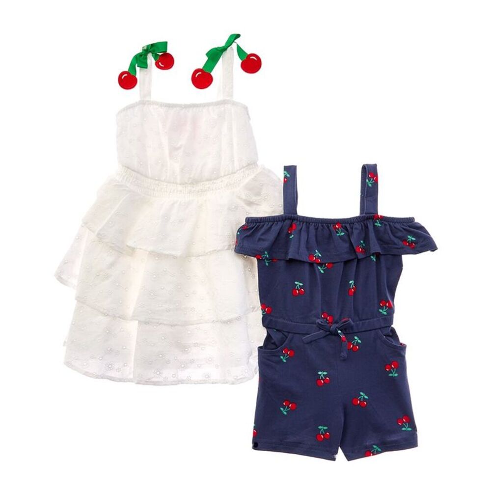 Freestyle Girls  2Pk Cherry Fun Woven Dress & Knit Romper Set, White